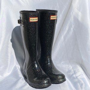 Hunter Girls Black Glittery Rain Boots - Size US 6
